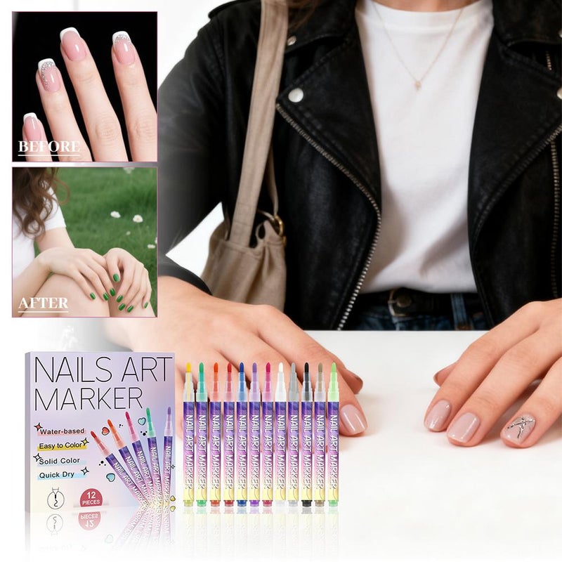 12 Colors Nail Art Pens Set,Professional Nail Art Markers for 3D Drawing Dotting Painting, DIY Quick Dry Graffiti Dotting Point Liner Pens, 3D Nails Polish Pen for Painting,Nails Design Tools Kit - Image 2
